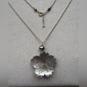 Handcrafted Iridescent Mother-of-Pearl Flower Pendant Necklace - 14 k Gold Chain